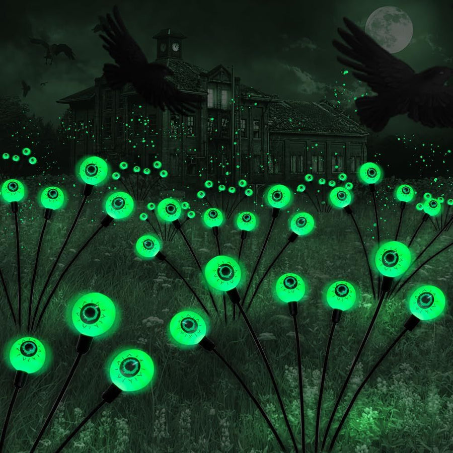Halloween Decorations Outdoor Solar Scary Eyeball Lights,2PACKS LED Green Eyeball Swaying Firefly Lights,Waterproof Solar Halloween Path Lights for Yard/Garden/Lawn/Party Decor - Green - Size 8 led