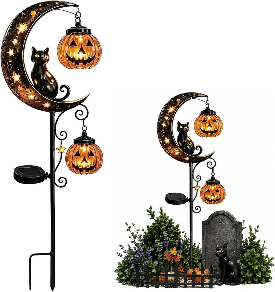 Solar Halloween Garden Stake Lights Black Cat Pumpkin Moon Lights Outdoor - Yellow - Size C