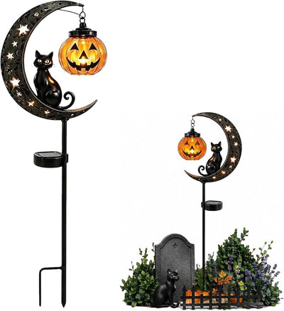 Solar Halloween Garden Stake Lights Black Cat Pumpkin Moon Lights Outdoor - Yellow - Size B