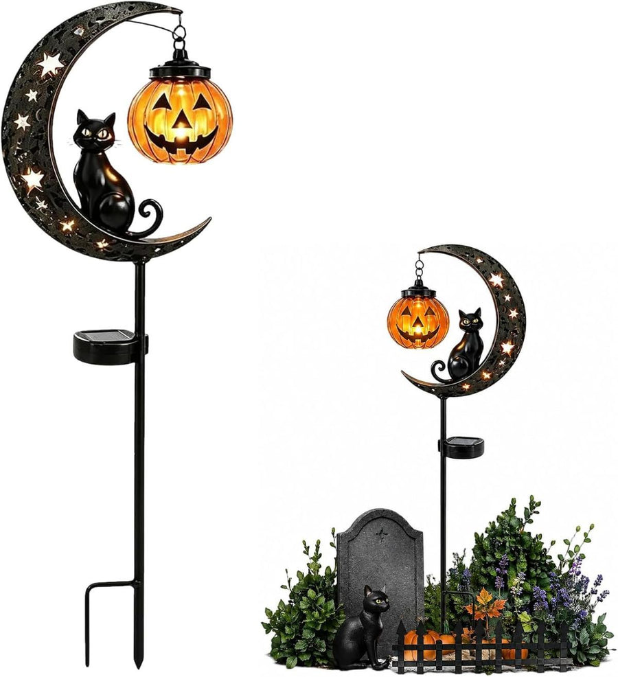 Solar Halloween Garden Stake Lights Black Cat Pumpkin Moon Lights Outdoor - Yellow - Size B