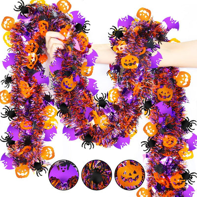 10-Pack 2M Halloween Garland,Purple Orange Tinsel Garland Halloween Decorations | Shiny Metallic Twist Halloween Tinsel Garland for Home Mantle Office Indoor Outdoor Stairs Party Tree Decorations - Multi-color - Size C