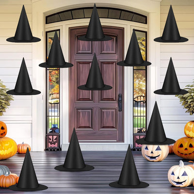 36 PCS Halloween Witch Hats, Black Hanging Witch Hats Porch Yard Decor | Witch Costume Accessories Witches Hat with 328 FT Nylon Cord Wizard Hats Indoor Outdoor Halloween Decorations - Black - Size 36Pcs