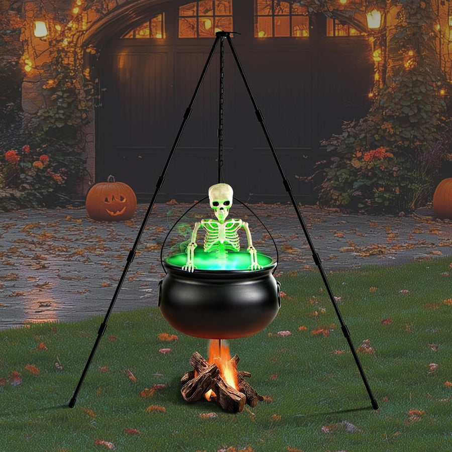 Halloween Outdoor Decorations Witch Cauldron Tripod Stand Fog Machine With - Black - Size 130cm