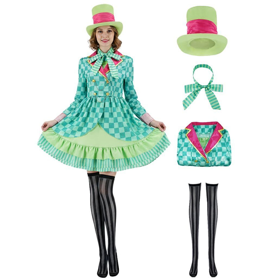 Hatter Costume Women Mad Tea Party Halloween Cosplay Dress with Bowtie Top Hat Leggings Mardi Gras Parade Outfits - Green - Size M