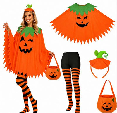 4 PCS Halloween Costume Set for Women Adult, Perfect for Halloween | All-in-One Halloween Costume Set with Double-Sided Poncho, Striped Tights, Candy Bag for Halloween Cosplay