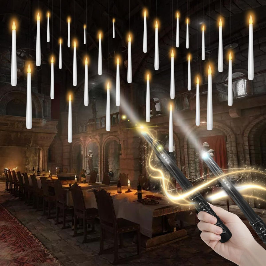 Flameless Floating Candles with Wand，30 Pcs Magic LED Hanging Taper Candles，Flickering Battery Operated Taper Candle with Wand Remote for Halloween Decorations Best Gift（White）