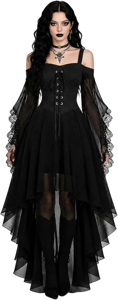 Women Witch Dress Halloween Costumes Vampire Woman Renaissance Medieval Butterfly Sleeve Mesh Gothic Dresses - Black - Size M