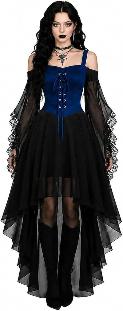 Women Witch Dress Halloween Costumes Vampire Woman Renaissance Medieval Butterfly Sleeve Mesh Gothic Dresses - Blue - Size M