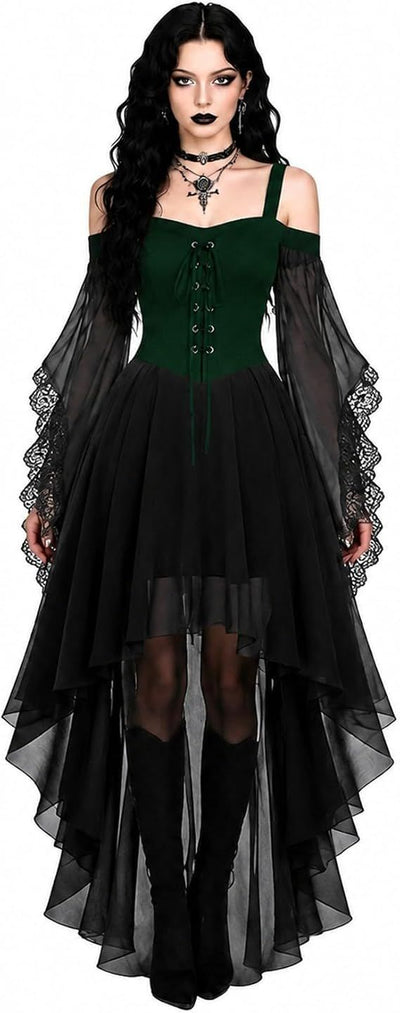 Women Witch Dress Halloween Costumes Vampire Woman Renaissance Medieval Butterfly Sleeve Mesh Gothic Dresses - Green - Size M