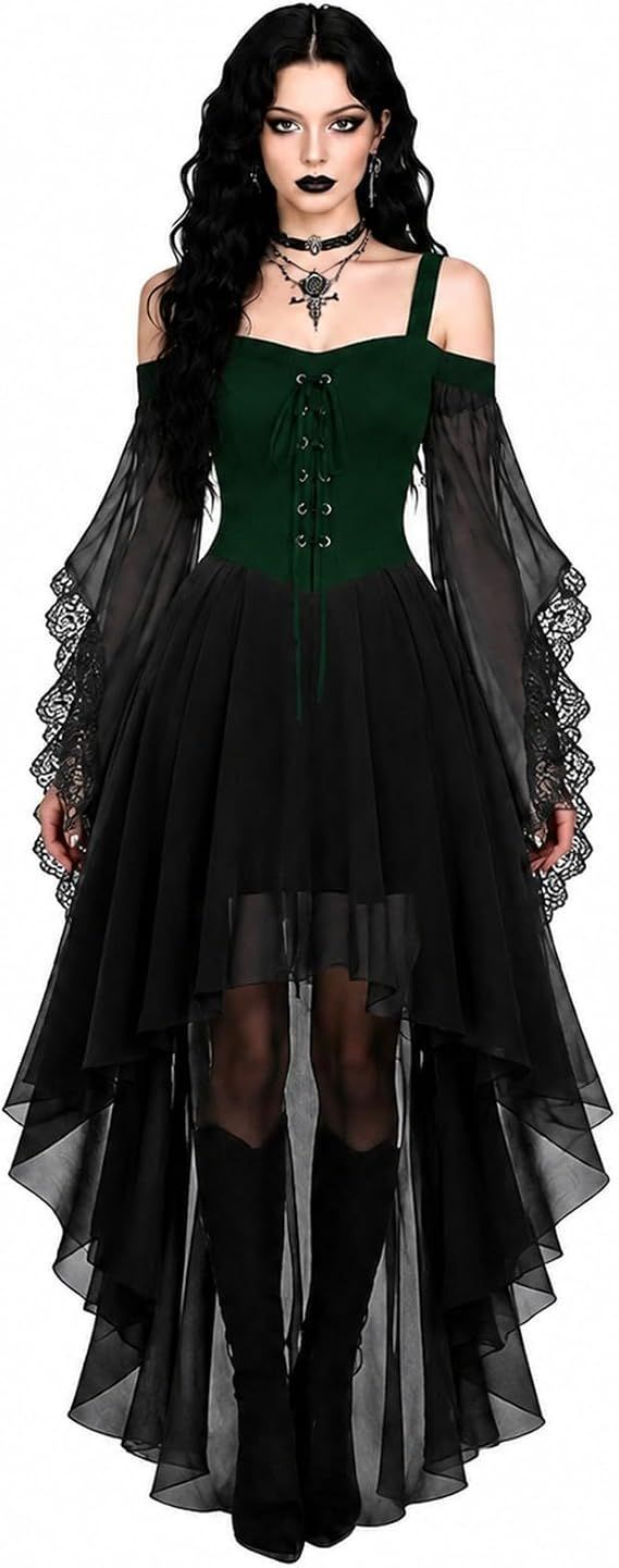 Women Witch Dress Halloween Costumes Vampire Woman Renaissance Medieval Butterfly Sleeve Mesh Gothic Dresses - Green - Size XXL