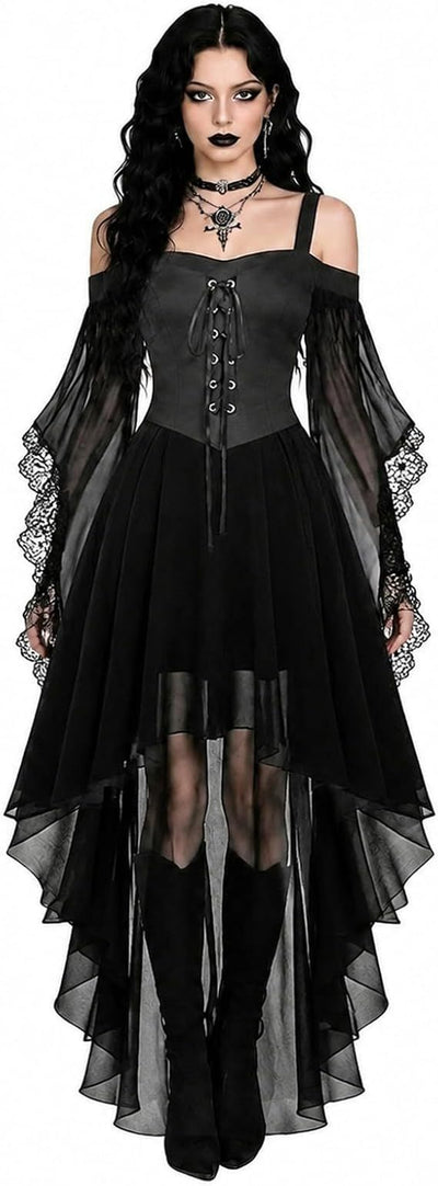 Women Witch Dress Halloween Costumes Vampire Woman Renaissance Medieval Butterfly Sleeve Mesh Gothic Dresses - Gray - Size M