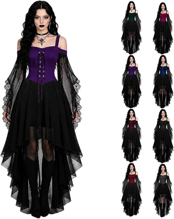 Women Witch Dress Halloween Costumes Vampire Woman Renaissance Medieval Butterfly Sleeve Mesh Gothic Dresses - Purple - Size XL