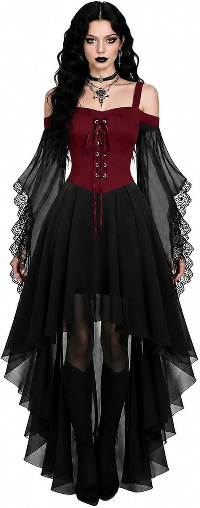 Women Witch Dress Halloween Costumes Vampire Woman Renaissance Medieval Butterfly Sleeve Mesh Gothic Dresses - Red - Size S