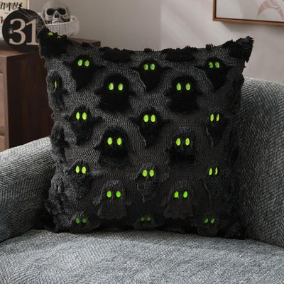 Halloween Pillow Covers Cute  Decor Set of 2 18x18 | Soft Plush Faux Fur, Spooky Decor, Fall Decorative Throw Pillows for Couch Sofa Bed Porch Living Room - Black ghost - Size 18in*18in