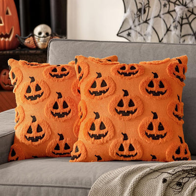 Halloween Pillow Covers Cute  Decor Set of 2 18x18 | Soft Plush Faux Fur, Spooky Decor, Fall Decorative Throw Pillows for Couch Sofa Bed Porch Living Room - Orange - Size 18in*18in
