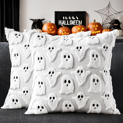 Halloween Pillow Covers Cute  Decor Set of 2 18x18 | Soft Plush Faux Fur, Spooky Decor, Fall Decorative Throw Pillows for Couch Sofa Bed Porch Living Room - White - Size 18in*18in