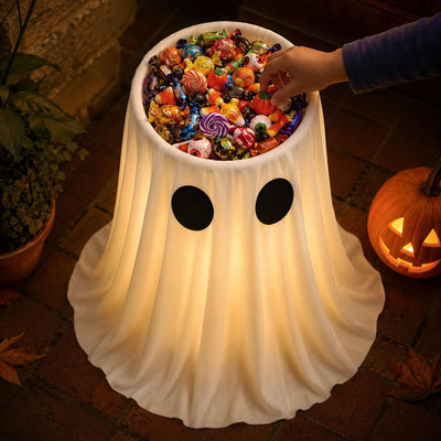 Halloween Decorations Outdoor Indoor, 30IN Lighted Ghost Candy Bowl with Timer Remote & Large Foldable Basin for Trick or Treating, Outside Ghost Decor for Porch Front-Door Yard Lawn Party.