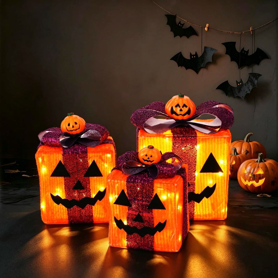 3 Pack Lighted Halloween Pumpkin Gift Boxes, 60 LED Battery Operated Jack O Lantern Decorations with Timer & 8 Modes