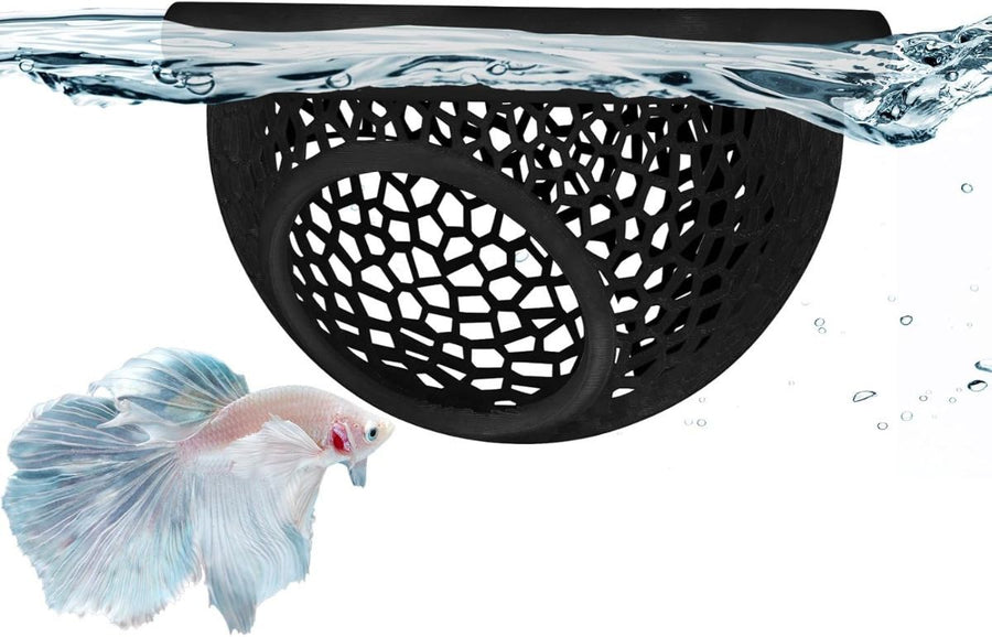Floating Betta Hide & Shrimp Cave – 3D Printed Aquarium Hammock, Feeder & Rest Spot – Floating Betta Log & Cave Decor for Nano Tanks, Corydoras, Shrimp & Small Fish – Safe PLA, Patent Pending - Black - Size S