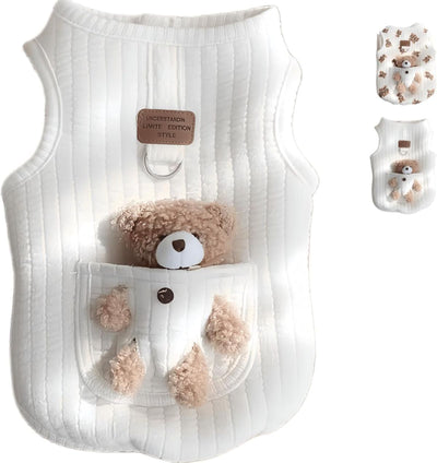 Pet Sweater Plush Bear Pattern Sleeveless Pet Clothing Puppy Outfit Kitten - Ivory - Size S