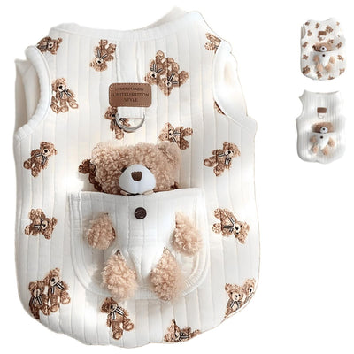 Pet Sweater Plush Bear Pattern Sleeveless Pet Clothing Puppy Outfit Kitten - White - Size S