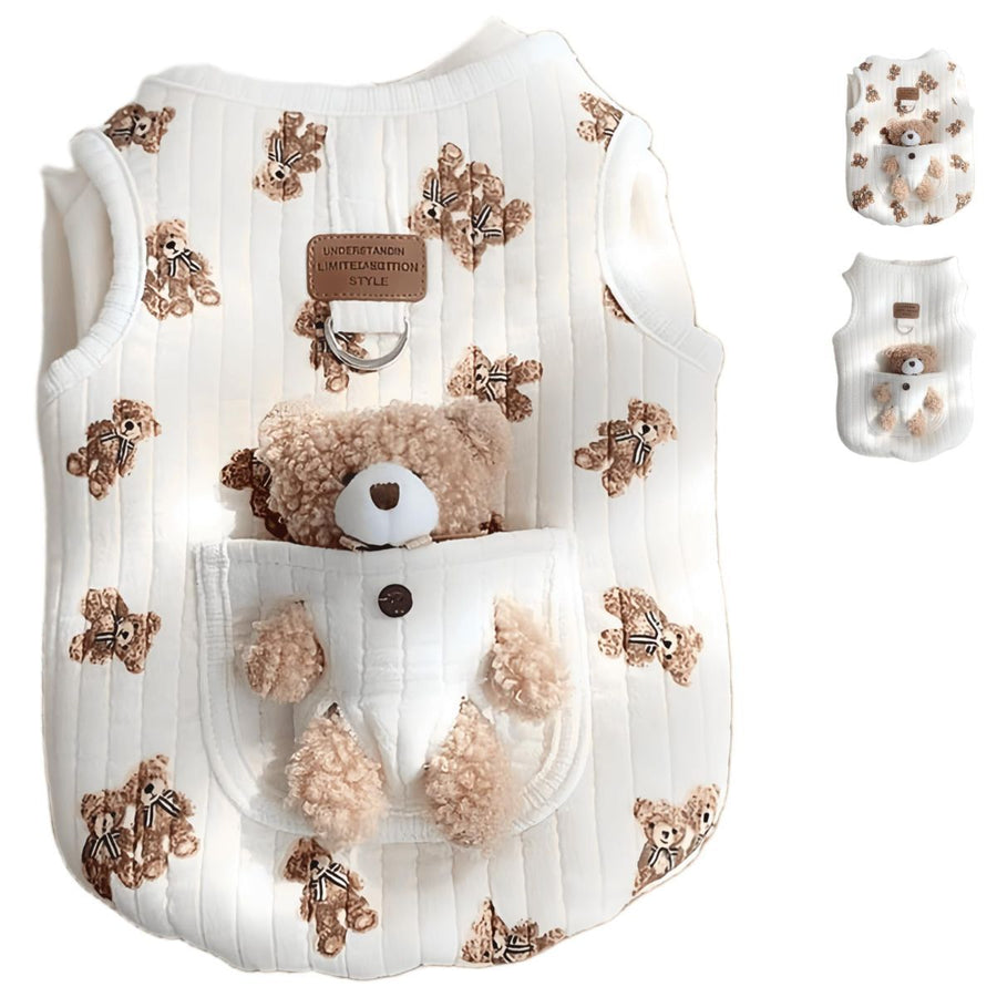 Pet Sweater Plush Bear Pattern Sleeveless Pet Clothing Puppy Outfit Kitten - White - Size XL