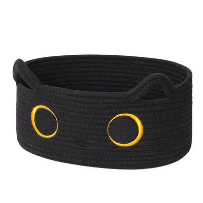 Cat Toy Basket, Small Woven Cat Toy Storage Box with Cute Ears Handle Indoor, Cotton Rope Storage Bin with Embroidered Face for Home Decor, Pet Bed, Baby Nursery Kids Room Organization - Black - Size 13in*9in