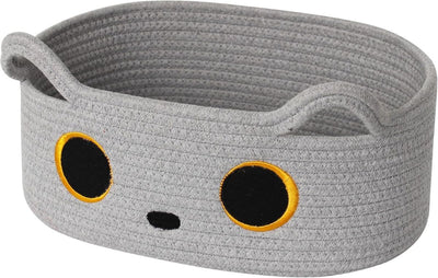 Cat Toy Basket, Small Woven Cat Toy Storage Box with Cute Ears Handle Indoor, Cotton Rope Storage Bin with Embroidered Face for Home Decor, Pet Bed, Baby Nursery Kids Room Organization - Gray - Size 13in*9in