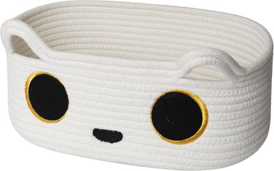 Cat Toy Basket, Small Woven Cat Toy Storage Box with Cute Ears Handle Indoor, Cotton Rope Storage Bin with Embroidered Face for Home Decor, Pet Bed, Baby Nursery Kids Room Organization - White - Size 13in*9in
