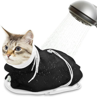 Cat Bath Bag Breathable Cat Shower Bag Anti-Scratch Cat Grooming Bag Adjustable - Black - Size 19.6