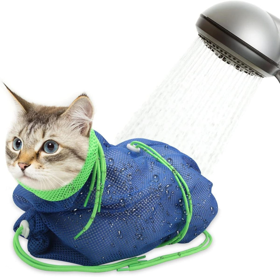 Cat Bath Bag Breathable Cat Shower Bag Anti-Scratch Cat Grooming Bag Adjustable - Navy - Size 19.6