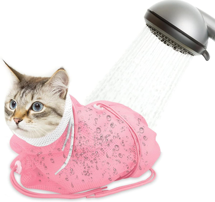 Cat Bath Bag Breathable Cat Shower Bag Anti-Scratch Cat Grooming Bag Adjustable - Pink - Size 19.6