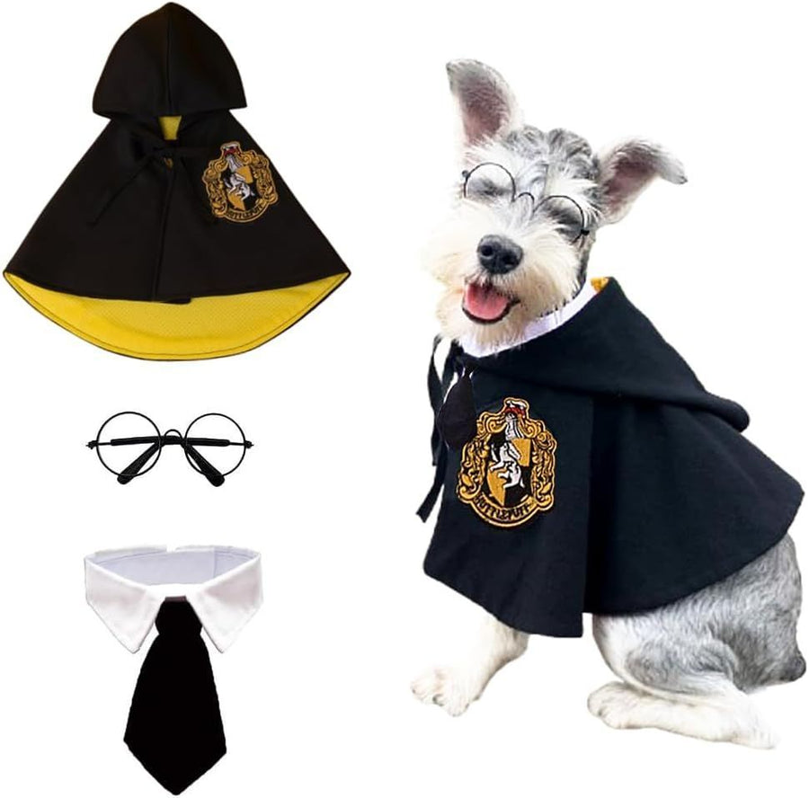 3PCS Halloween Dog Costume Cat Wizard Cape Glasses and Necktie Set Halloween Puppy Outfit Pet Academy Magician Cosplay Apparel for Kitten Cat Small Dogs - Black-Yellow - Size M