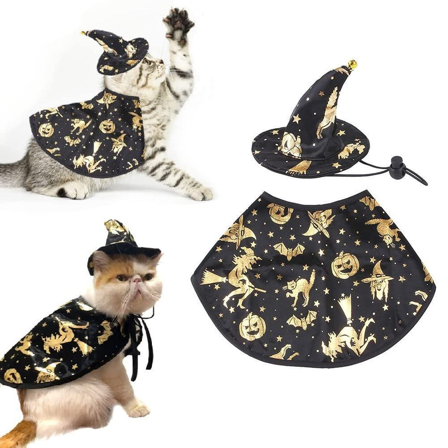 Pet Halloween Costumes Dogs Cats Halloween Witch Pet Costume Cape Hat Halloween Vampire Cloak Wizard Cats Cosplay Clothes Apparel for Small Dogs Cats Halloween Party Decorations - Black - Size M