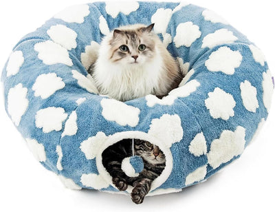 Cat Tunnel Bed with Washable Cushion for Indoor Cat, Donut Cave Tube Toys for Kitten Puppy Rabbit - Blue - Size 33.5in