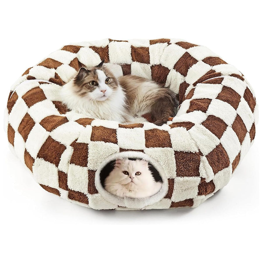 Cat Tunnel Bed with Washable Cushion for Indoor Cat, Donut Cave Tube Toys for Kitten Puppy Rabbit - Brown - Size 33.5in
