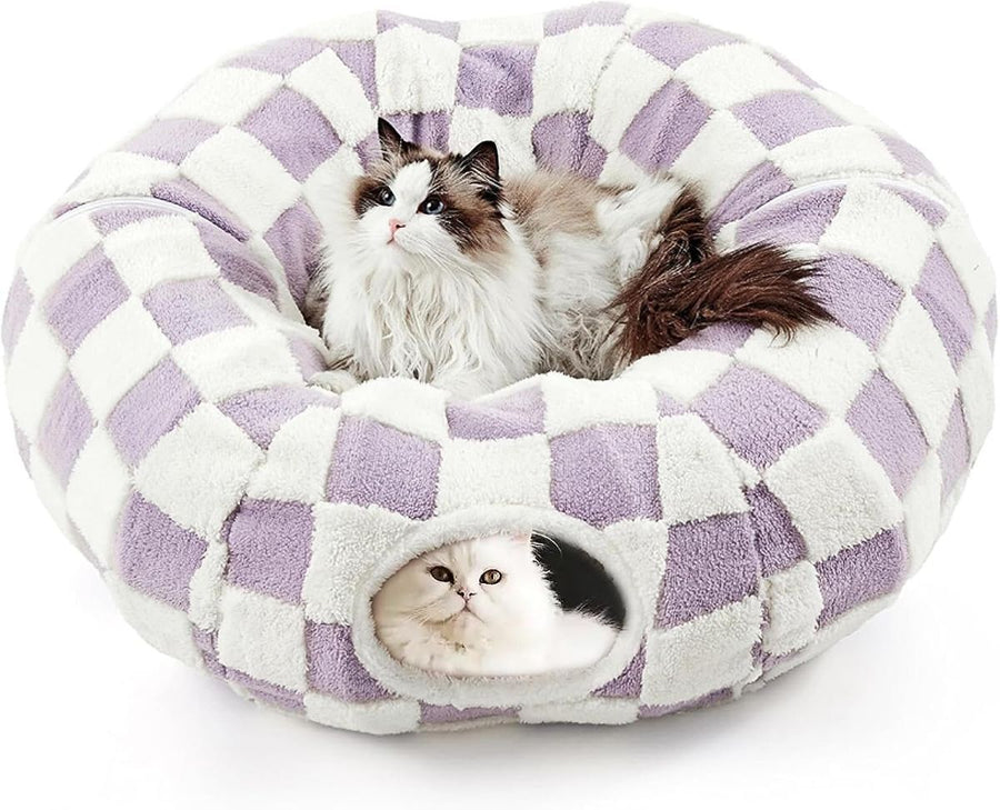 Cat Tunnel Bed with Washable Cushion for Indoor Cat, Donut Cave Tube Toys for Kitten Puppy Rabbit - Purple - Size 33.5in