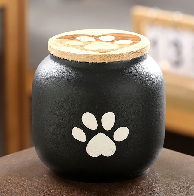 Small Pet Urn for Ashes, Cremation Memorial Urns for Cats & Dogs, Ceramic Paw Design Keepsake Jar with Wooden Lid, Pets Loss Sympathy Gift, 17oz - Black - Size 3.9in*3.7in