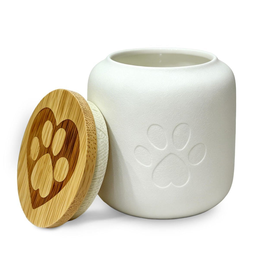 Small Pet Urn for Ashes, Cremation Memorial Urns for Cats & Dogs, Ceramic Paw Design Keepsake Jar with Wooden Lid, Pets Loss Sympathy Gift, 17oz - White - Size 3.9in*3.7in