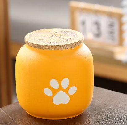 Small Pet Urn for Ashes, Cremation Memorial Urns for Cats & Dogs, Ceramic Paw Design Keepsake Jar with Wooden Lid, Pets Loss Sympathy Gift, 17oz - Yellow - Size 3.9in*3.7in