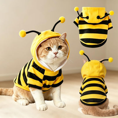 Bumblebee Cat Costume for Sphynx & Small Dogs, Fit Halloween, Yellow, Cute Bee Stripes Hoodie, Soft Warm Fleece, Holiday Cosplay Outfit, Daily Leisure Wear, Easy to Put, Safe for Leash Walking - Yellow / S