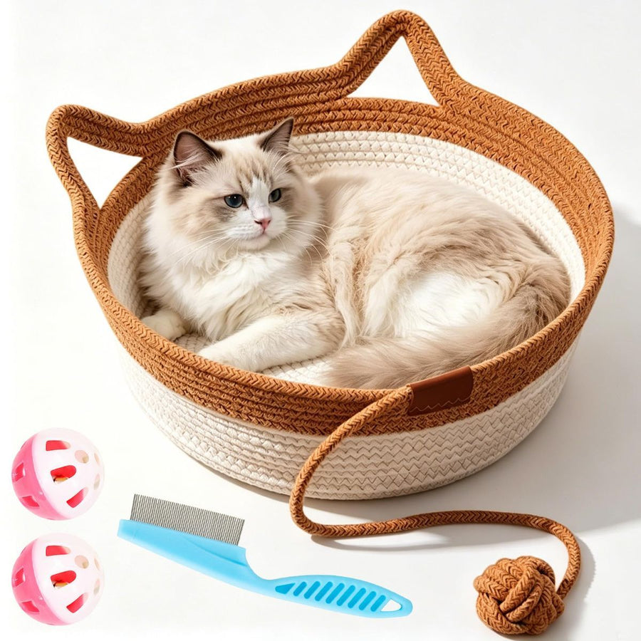 Cat Basket Hand-Woven Cat Bed Cat-Ear Handles Cotton Rope Cat Bed Indoor Cat - Brown - Size M