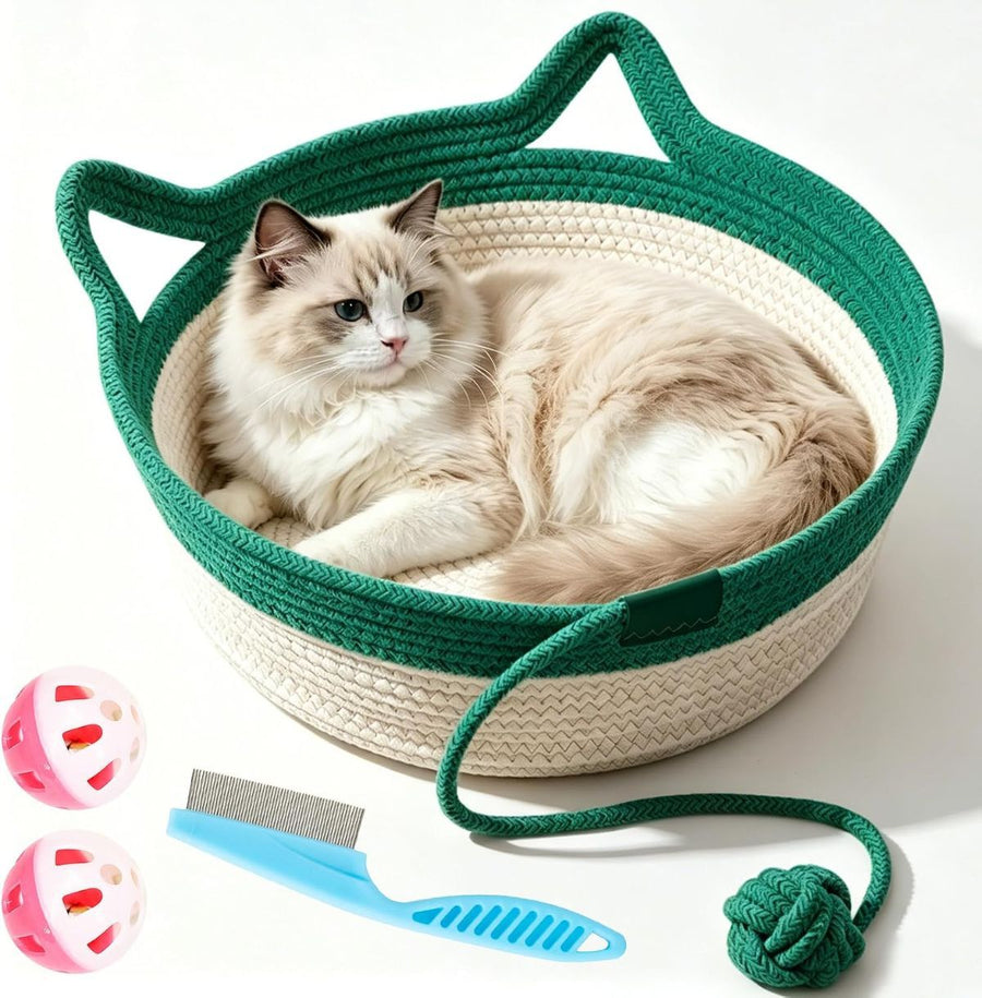 Cat Basket Hand-Woven Cat Bed Cat-Ear Handles Cotton Rope Cat Bed Indoor Cat - Green - Size M