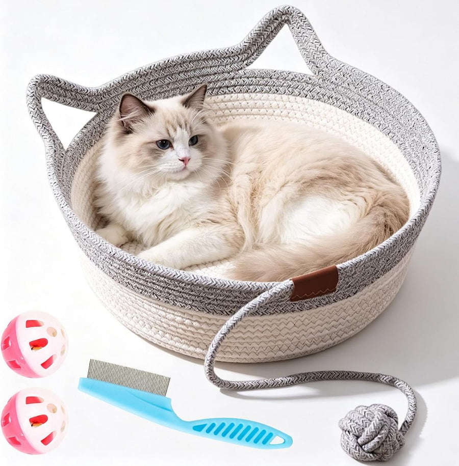 Cat Basket Hand-Woven Cat Bed Cat-Ear Handles Cotton Rope Cat Bed Indoor Cat - Gray - Size M