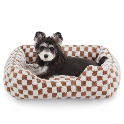 Dog Beds -Cute Cat Beds for Indoor Cats Calming Pet Beds, Rectangle Orthopedic Cuddle Puppy Bed with Jacquard Shaggy Plush & Anti Slip Bottom - Brown - Size XL