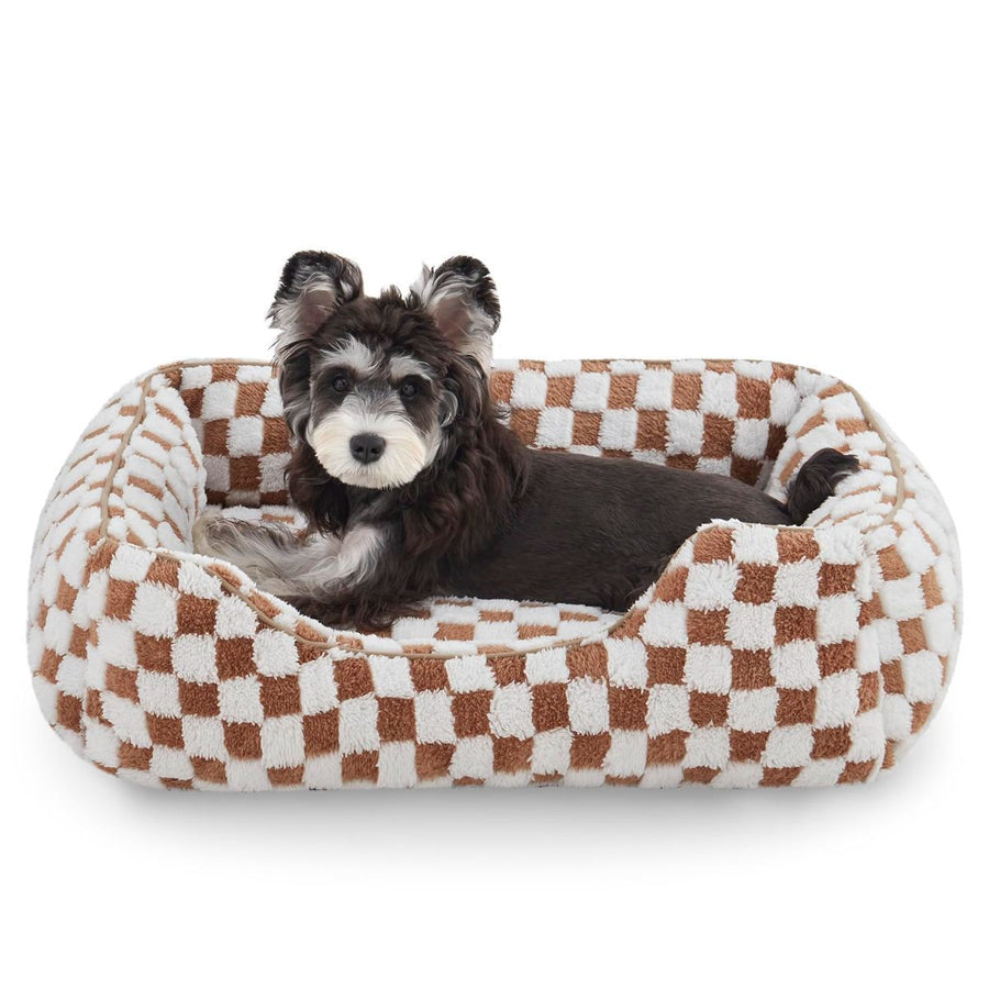 Dog Beds -Cute Cat Beds for Indoor Cats Calming Pet Beds, Rectangle Orthopedic Cuddle Puppy Bed with Jacquard Shaggy Plush & Anti Slip Bottom - Brown - Size XL