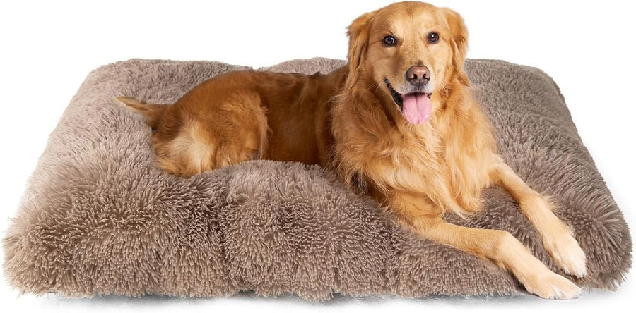Fluffy Dog Crate Bed for Extra Large Dogs, Plush Faux Fur Pad, Calming Anti Anxiety XL Bed for Crate, Washable Soft Warm Dog Mat with Non-Slip Bottom - Camel - Size 44"L x 33"W