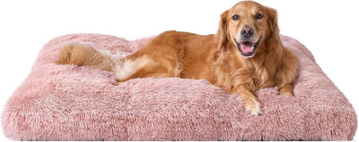 Fluffy Dog Crate Bed for Extra Large Dogs, Plush Faux Fur Pad, Calming Anti Anxiety XL Bed for Crate, Washable Soft Warm Dog Mat with Non-Slip Bottom - Pink - Size 41.3"L x 27.5"W