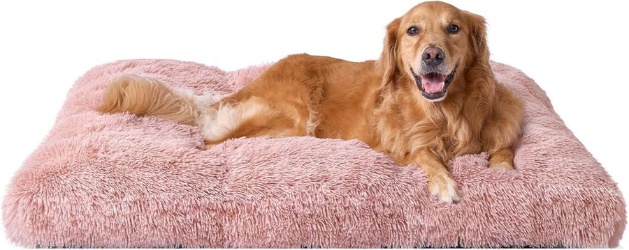 Fluffy Dog Crate Bed for Extra Large Dogs, Plush Faux Fur Pad, Calming Anti Anxiety XL Bed for Crate, Washable Soft Warm Dog Mat with Non-Slip Bottom - Pink - Size 41.3"L x 27.5"W