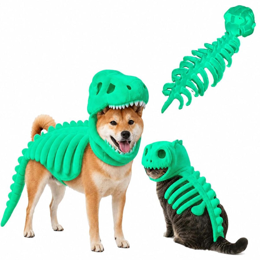 Dinosaur Skeleton Glow in Dark Dog and Cat Costume,Pet Dinosaur Costume,Plush Halloween Pet Hood Outfit - Green - Size 47.2in